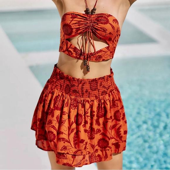 By Anthropologie Beaded Skirt Set Orange Rust Tropical Print NWT - Picture 9 of 15